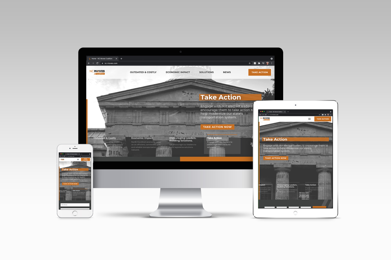 An iMac, iPad, and Macbook displaying the NC Moves Coalition website.