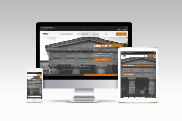 An iMac, iPad, and Macbook showcasing the NC Moves Coalition website.
