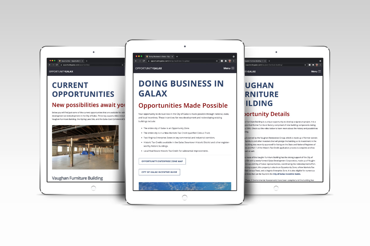 3 iPads displaying different pages of the Opportunity Galax website.