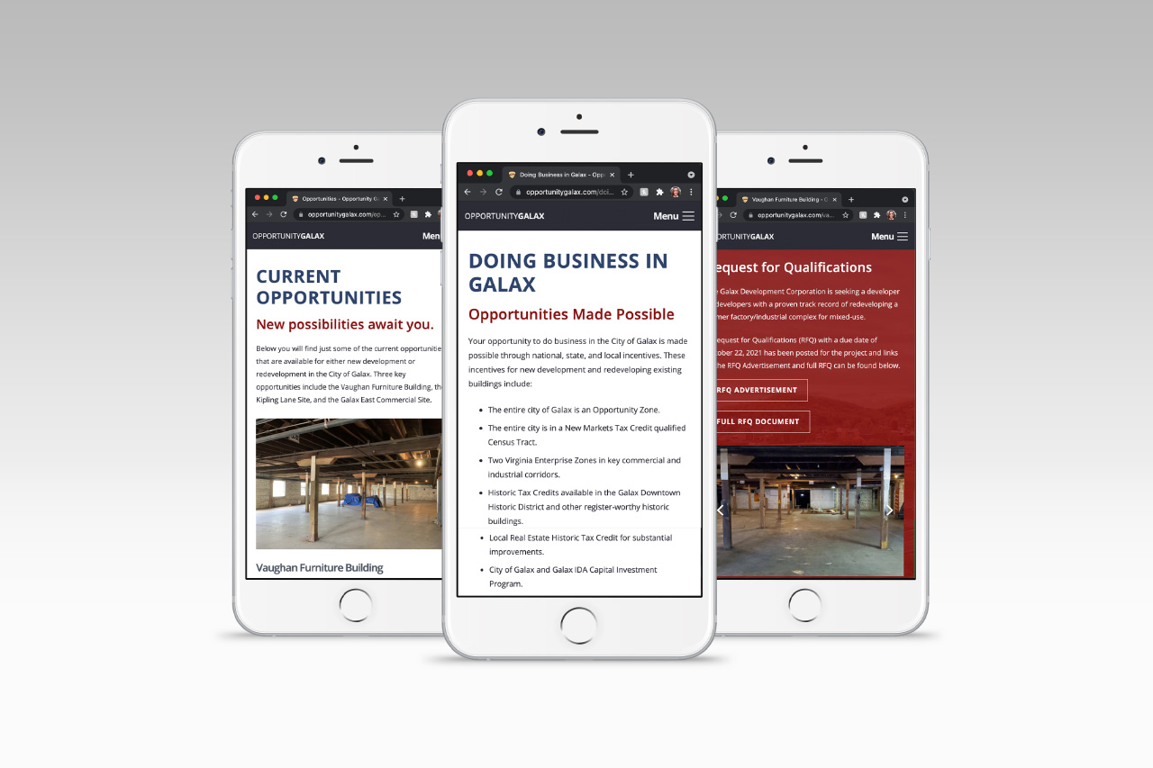 3 iPhones displaying different pages of the Opportunity Galax website.